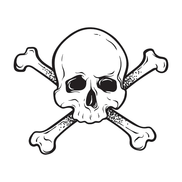 Crânio humano jolly roger com ossos cruzados isolado ilustração vetorial desenhada à mão imprimir logotipo modelo cartaz adesivo tatuagem flash ou design de camiseta