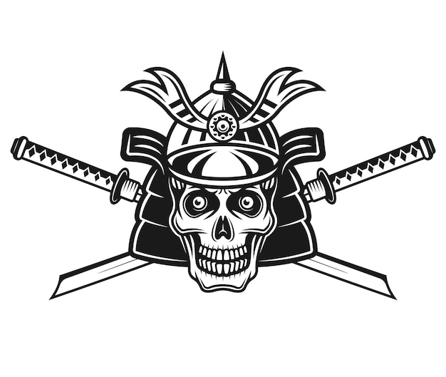Crânio no capacete samurai japonês e duas espadas katana cruzadas vector a ilustração monocromática isolada no fundo branco