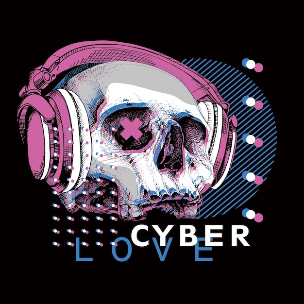 Crânio sem mandíbula inferior em fones de ouvido arte de glitch cyberpunk composição de camiseta de cartaz criativa