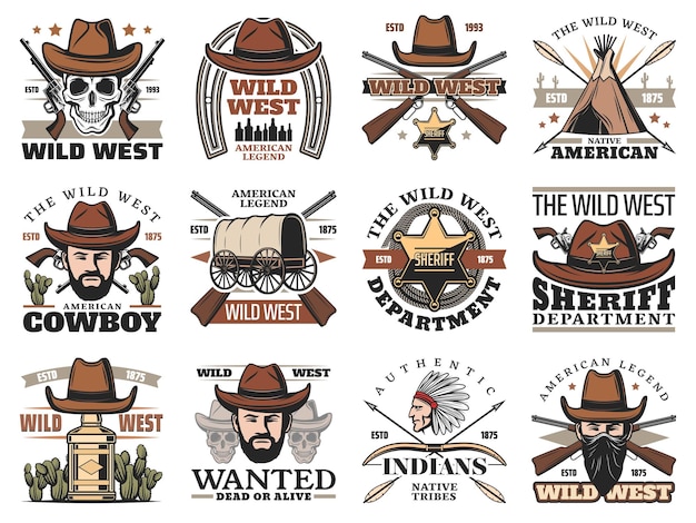 Crânios de cowboy e xerife ocidental ícones do velho oeste