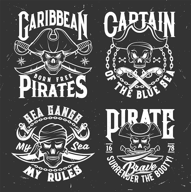 Crânios de pirata com espadas e ossos cruzados estampas de camiseta vetorial e bandeiras de bandidos do mar do Caribe Crânio de pirata em bandana e pistolas de tapa-olho e slogans náuticos ou citações de bucaneiro