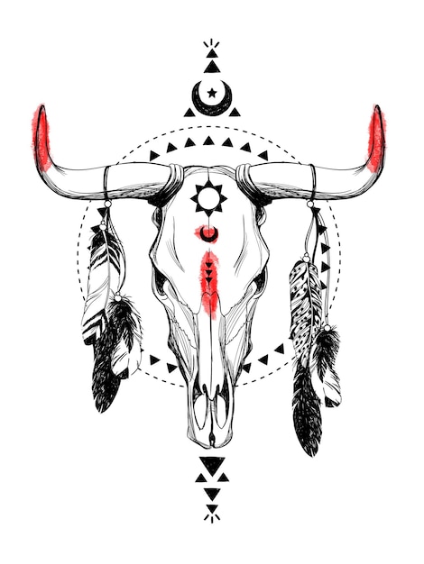 Crânios de touro com penas e símbolos étnicos