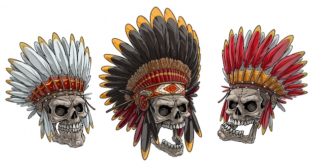 Crânios dos desenhos animados no cocar de chefe do índio americano