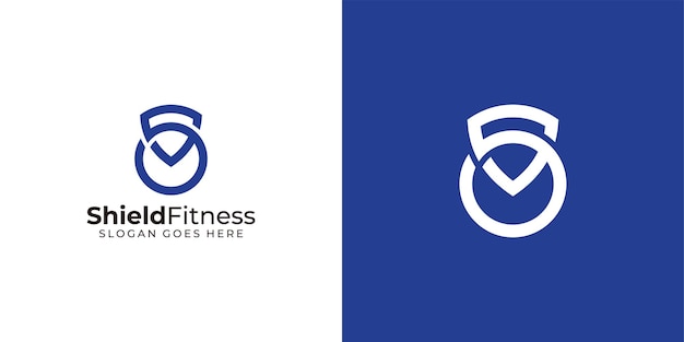 Vetor creative shield fitness logo dumbbell e shield com linear outline style icon fitness logo