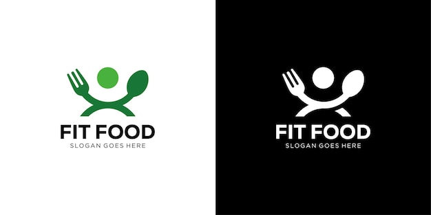 Creative simple fit food logo pessoas e garfo de colher com símbolo de ícone de logotipo de dieta de estilo minimalista