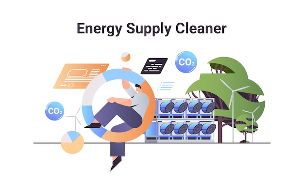 Crédito de carbono fornecimento de energia conceito mais limpo empresário analisando dados estatísticos responsabilidade de estratégia ambiental de emissão de co2 desenvolvimento esg sustentável ilustração vetorial horizontal