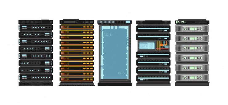 Vetor cremalheiras modernas do servidor liso. servidores do processador do computador para a sala do servidor. vector conjunto isolado