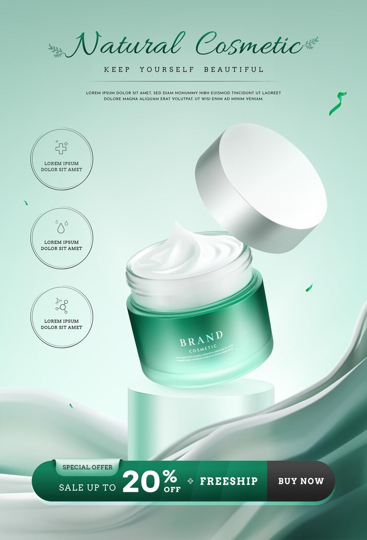 Vetor creme cosmético natural para cuidados com a pele em pódio com fundo de seda