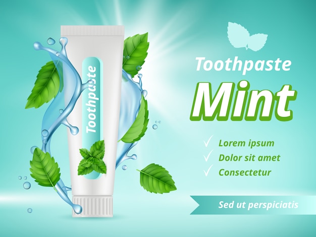 Creme dental com menta. Cuidados dentários de proteção dent publicidade modelo realista de banner