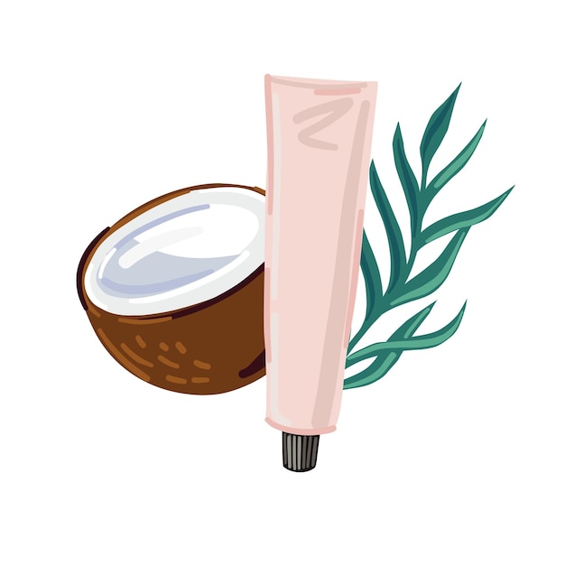 Creme facial de coco em bisnaga rosa. beleza vetorial e ilustração de moda.