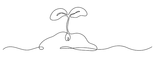 Vetor crescimento de brotos uma linha desenho de mudas de primavera e jardinagem ilustração vetorial preto e branco