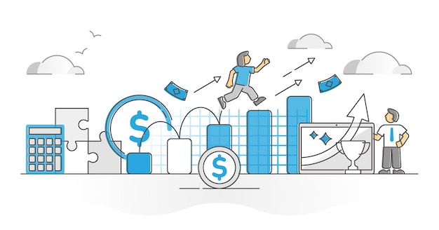 Crescimento do negócio com conceito de estrutura de tópicos de monocolor de progresso bem sucedido de renda e lucro. Riqueza e dinheiro, ganhando relatórios de desenvolvimento em ilustração vetorial de dados financeiros da empresa. Cena gráfica abstrata