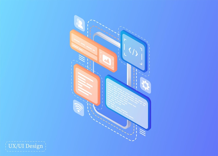 Vetor cria um design customizado para um aplicativo móvel ui ux design desenvolvimento de design de aplicativos equipamento de programação comunicação digital web banner modelo de página de destino homepage