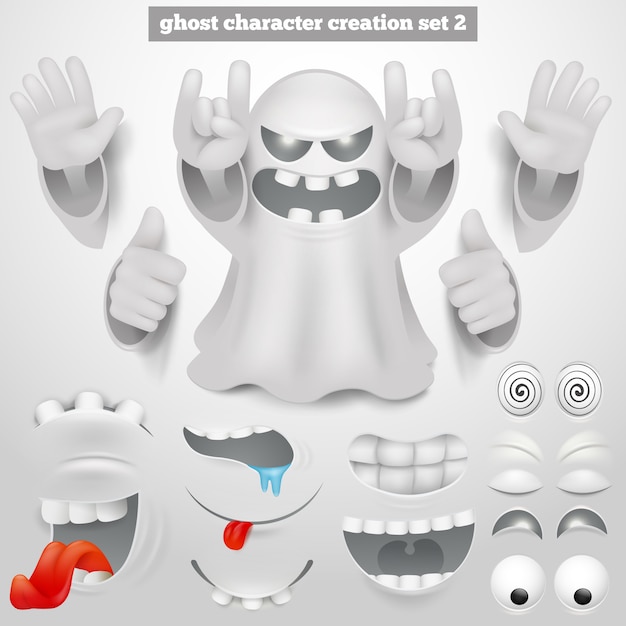 Criação conjunto de personagem de desenho animado fantasma de halloween emoticon.