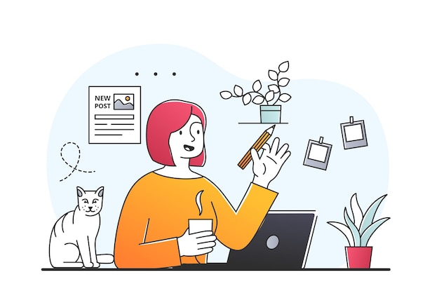 Criação de conceito de conteúdo. menina sentada em casa com o laptop com gato. proprietário e animal de estimação. trabalhe em casa, freelancer, designer e tecnologia moderna. internet e gadget. ilustração em vetor plana de desenho animado