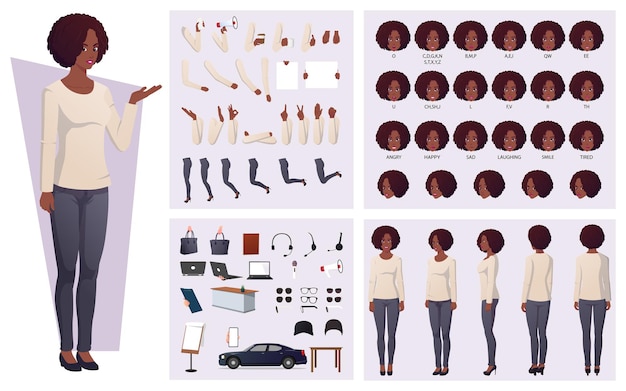 Criação de personagem linda mulher afro-americana com cabelo afro, sincronização labial, emoções e gestos com as mãos e acessórios