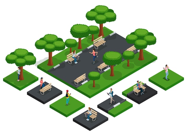 Criação isométrica do ícone 3D do parque com bancos de parque da cidade de pessoas ar fresco