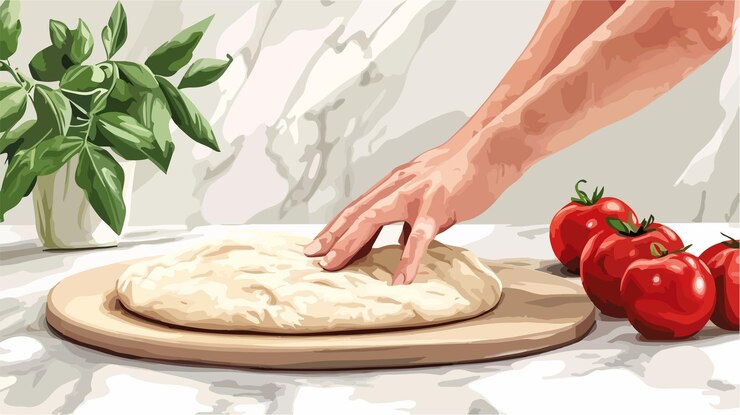 Vetor criação manual de massa de pizza em bancada de mármore
