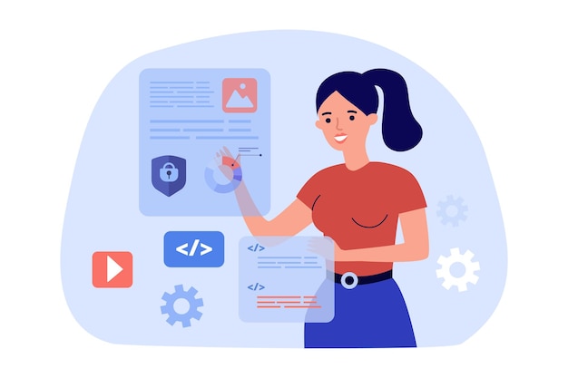 Criador de conteúdo feminino analisando estatísticas no site. garota gerenciando informações on-line, ilustração vetorial plana de gerenciamento de conteúdo. conceito de marketing de mídia social para banner ou página da web de destino