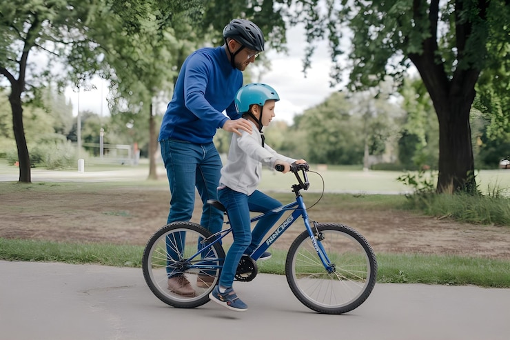 Vetor criança aprendendo a andar de bicicleta ao ar livre com a ajuda do pai
