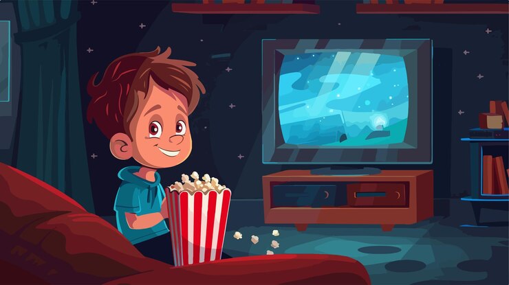 Vetor criança assistindo tv em casa com popcorn bucket movie night concept