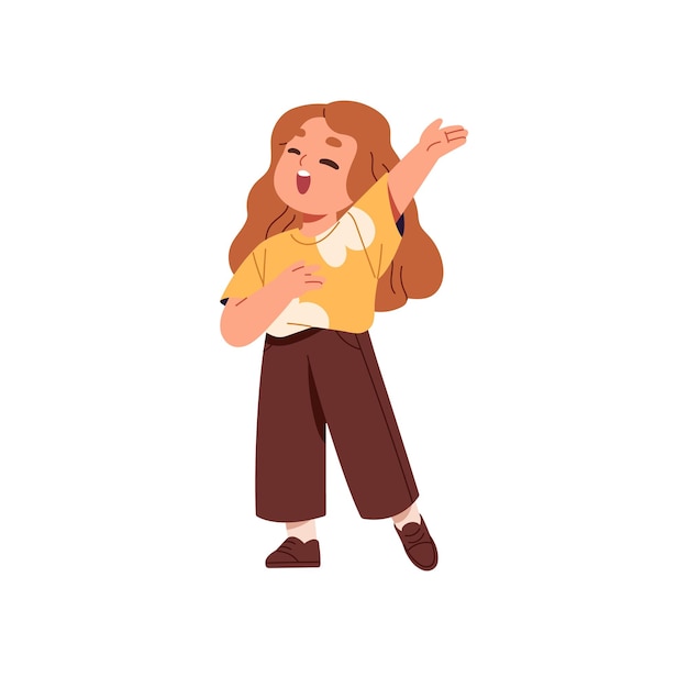 Criança bonita canta o hino nacional com a mão no coração Menina talentosa se apresenta em concerto vocal Criança feliz canta em apresentação musical Ilustração vetorial isolada plana em branco