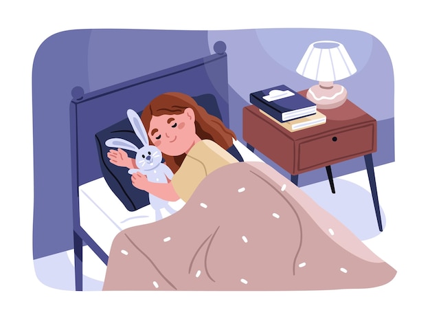 Criança bonita dormindo com brinquedo de pelúcia na cama Criança feliz e calma sonhando no quarto à noite Sorridente menina sonolenta deitada relaxando no travesseiro sob um cobertor aconchegante abraçando um coelho Ilustração vetorial plana