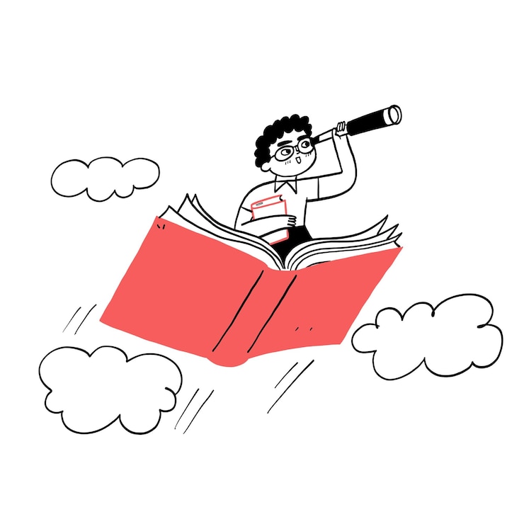 Vetor criança bonita feliz voando sobre o livro em fundo branco
