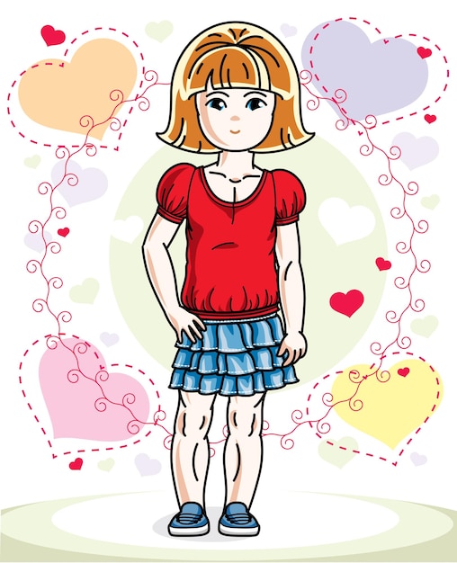 Vetor criança bonita ruiva vestindo diferentes roupas casuais e de pé no pano de fundo colorido com corações. ilustração em vetor de garota legal.