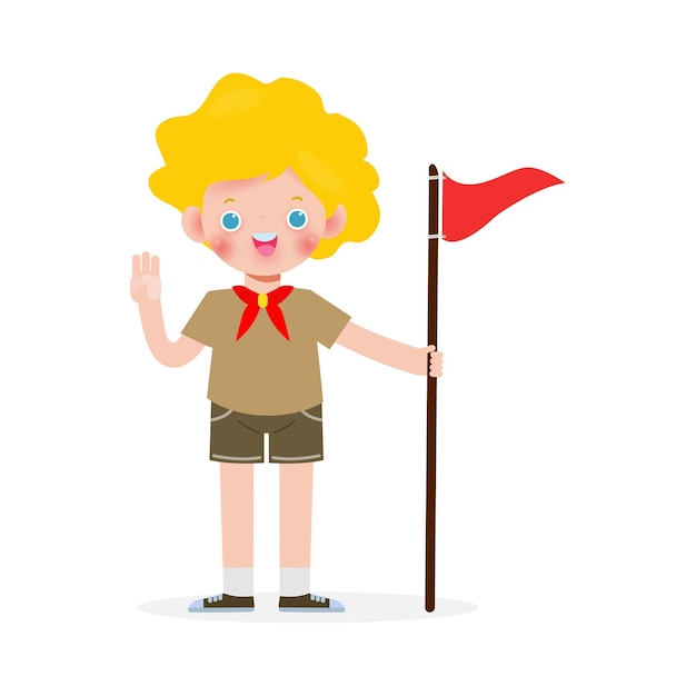 Criança bonitinha feliz usa uniforme de honra de escoteiro crianças escoteira personagem plana de desenho animado isolada