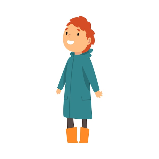 Vetor criança com casaco de chuva sorrindo ilustração vetorial de desenho animado