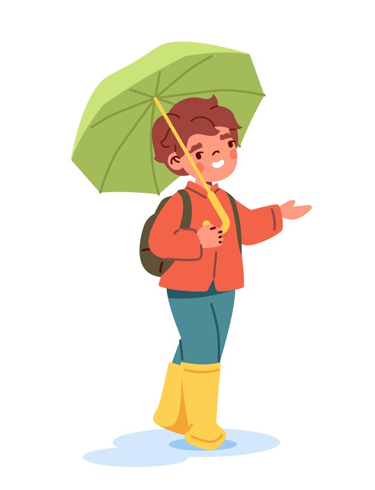 Vetor criança com guarda-chuva sob conceito de chuva menino no outono e outono temporada garoto em botas de borracha adesivo para redes sociais e mensageiros desenhos animados ilustração vetorial plana isolado em fundo branco