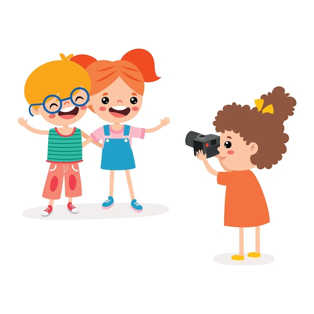 Criança de desenho animado tirando fotos de amigos