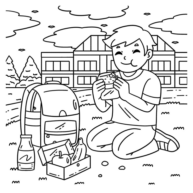 Vetor criança de escola comendo almoço ao ar livre