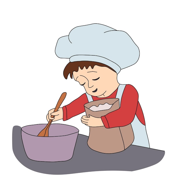 Vetor criança derrama farinha em uma tigela