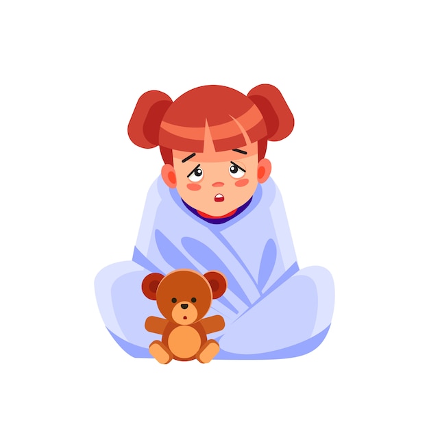Vetor criança doente com infecções sazonais, gripe, alergia, deitada na cama. menina doente, coberta com um cobertor deitado na cama com febre alta e gripe, descansando. coronavírus. quarentena. ilustração dos desenhos animados