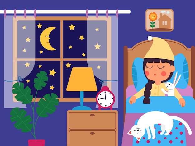 Criança dormindo menina dormindo na cama criança hora de dormir em casa cochilando à noite sonho de bebê fofo com brinquedo e gato no quarto imagem vetorial brilhante e decente de kawaii