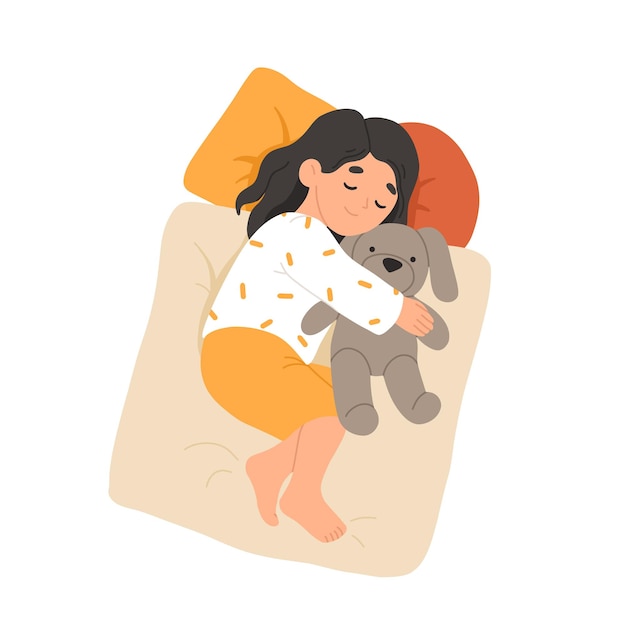 Criança dormindo na cama Criança calma dormindo deitada e sonhando à noite Menina bonita com cachorro de brinquedo Crianças doces relaxando em almofadas Ilustração vetorial de desenho animado plano da hora da soneca