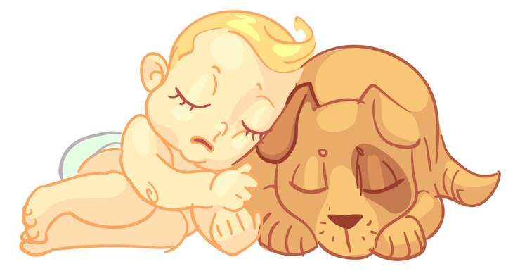 Vetor criança e cachorrinho dormindo juntos amiguinhos fofos