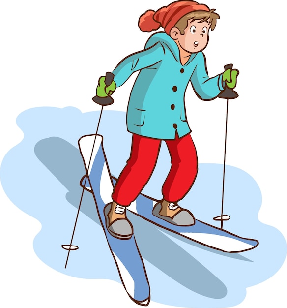 Vetor criança esquiando ilustração vetorial plana. férias de inverno. passatempo ativo ao ar livre, lazer esportivo