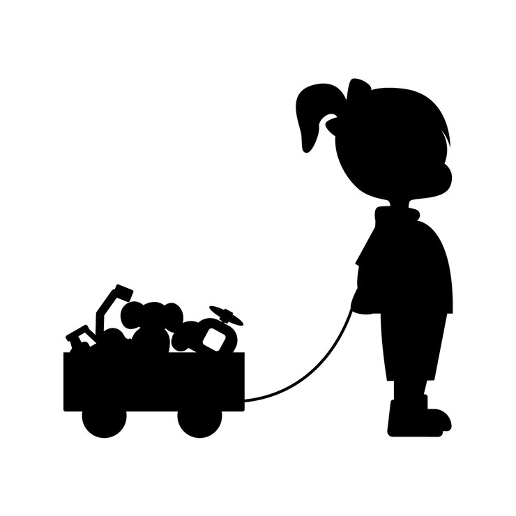 Vetor criança está brincando com brinquedo menina bonita está bricando com brinqedeira em casa silhueta