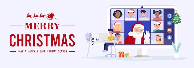 Criança fazendo videoconferência no computador com o Papai Noel e seus amigos em casa Vanner
