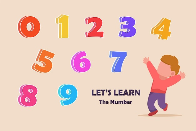 Criança feliz aprende o número 09 treinamento escrever e contar o conceito de números ilustração vetorial