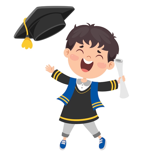 Criança feliz dos desenhos animados em traje de formatura