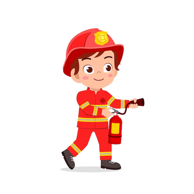 Vetor criança feliz e fofa vestindo uniforme de bombeiro e segurando um extintor de incêndio