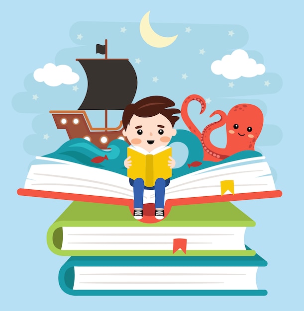 Criança feliz lendo com livros e história de piratas