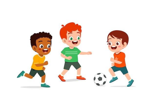 Três menino jogando futebol, criança futebol Cartoon Sport, jogar