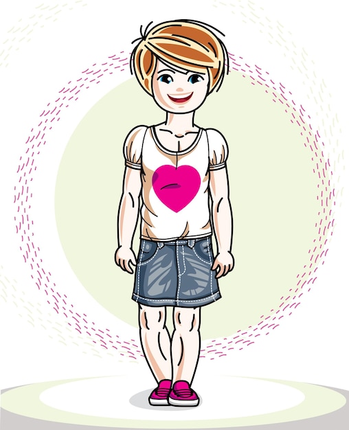 Criança loira linda menina em roupas casuais. ilustração em vetor de criança bonita em pé.