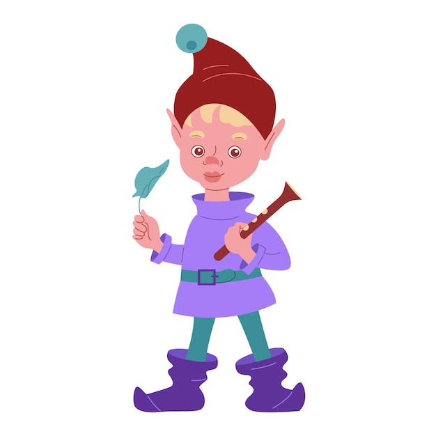 Vetor criança menino duende com um cachimbo. ilustração vetorial no estilo cartoon. isolado em um fundo branco.