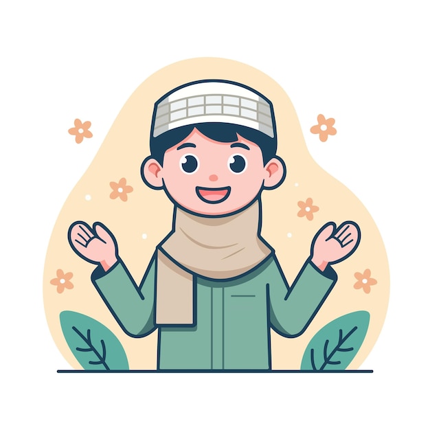 Criança muçulmana bonita com ilustração vetorial de estilo de design plano